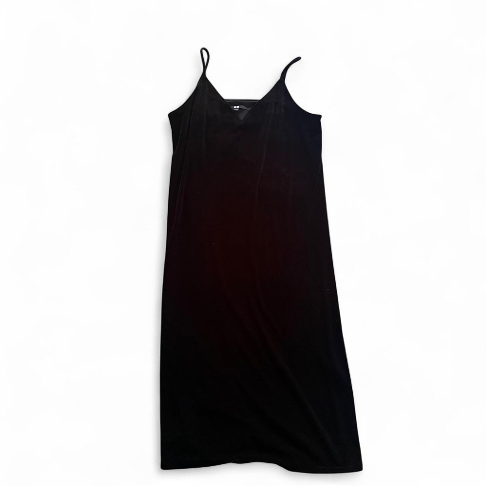 Uniqlo Womens Black Velvet Midi Dress V-Neck Spaghetti Strap Size M